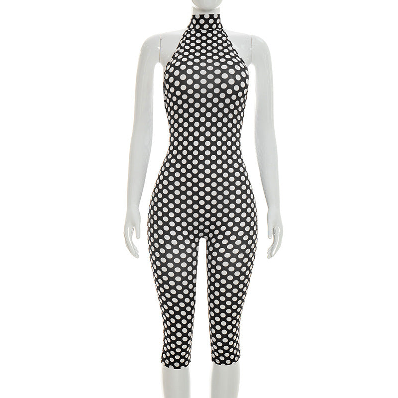 DZHT J26JP114 spring/summer backless halter lace-up polka dots printed one-piece cropped pants