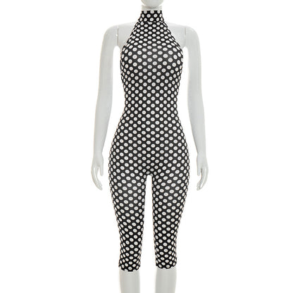 DZHT J26JP114 spring/summer backless halter lace-up polka dots printed one-piece cropped pants