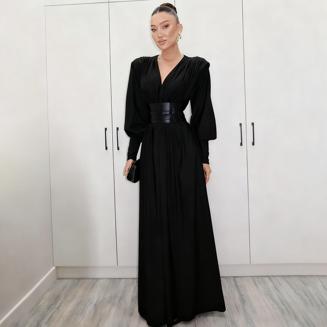 SXR autumn and winter French retro waist seal V-neck long sleeve loose dress