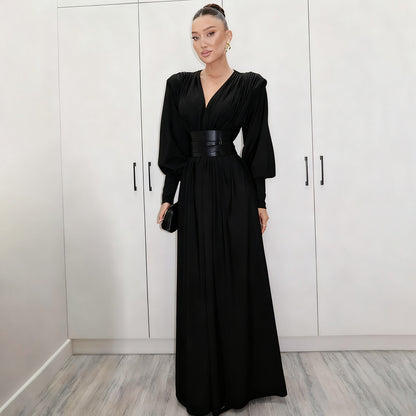 SXR autumn and winter French retro waist seal V-neck long sleeve loose dress