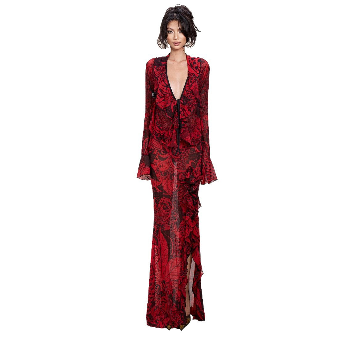 DLS Spring vintage lace bell sleeve sexy deep V-neck slightly transparent high slit skirt suit