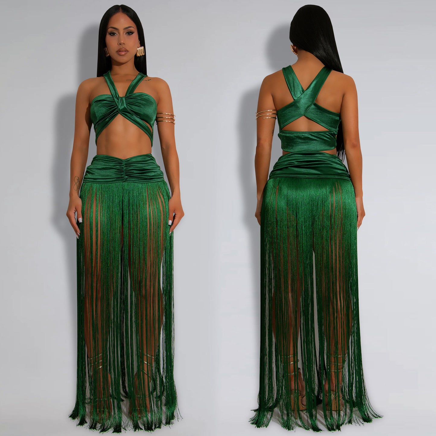 XYZ C7438 shoulder strap top tassel dress two-piece set
