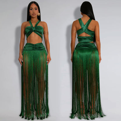 XYZ C7438 shoulder strap top tassel dress two-piece set