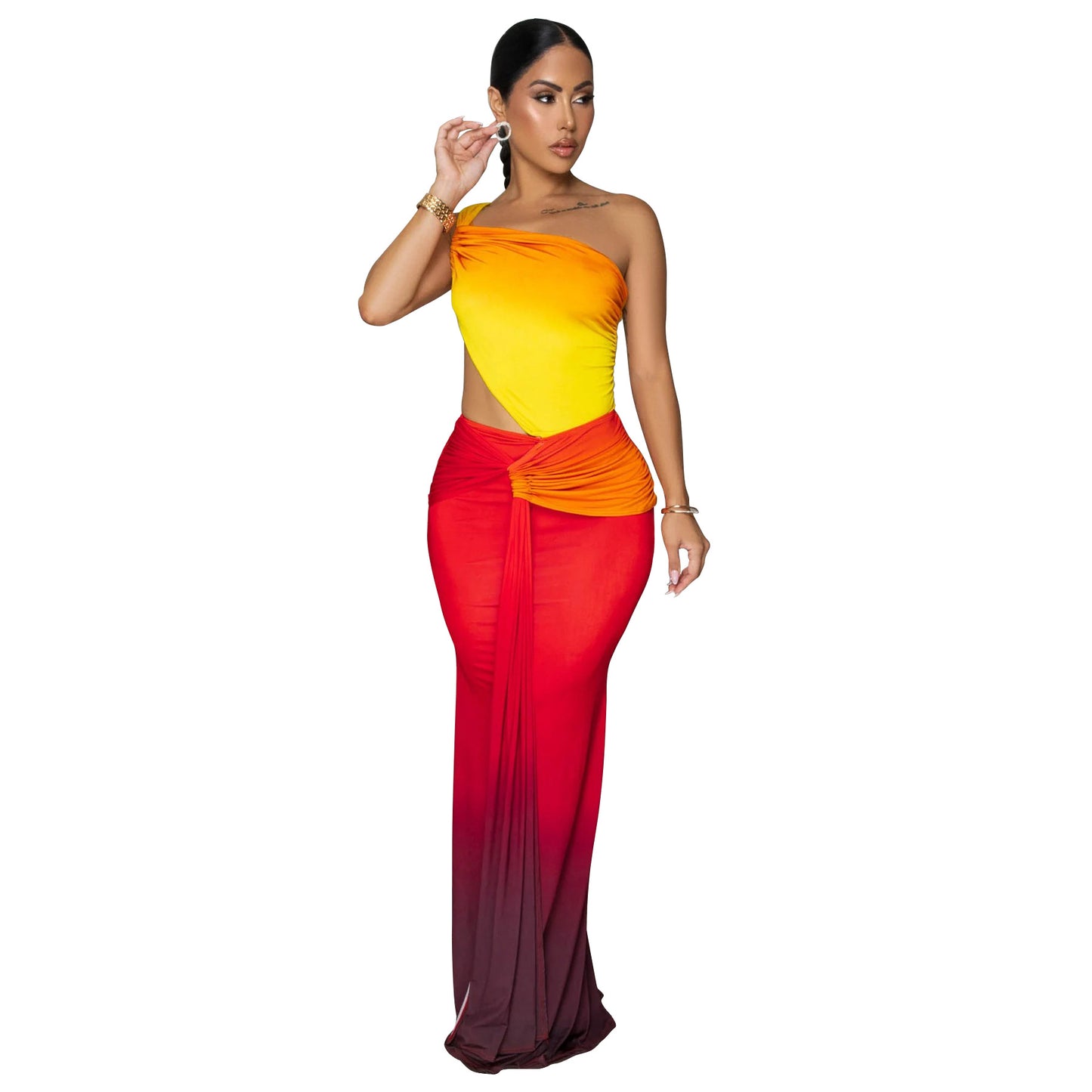 MYF (S-2XL) 10877 midriff outfit gradient dress one-shoulder dress summer