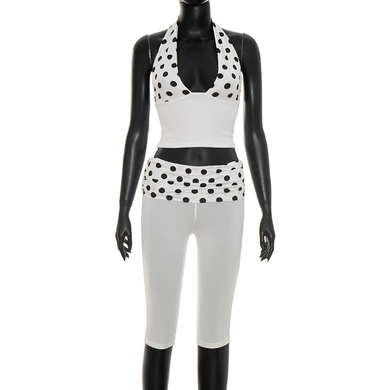 DZHT J26ST130 stitching dotted prints halter spaghetti straps pleated waist cropped pants two-piece suit