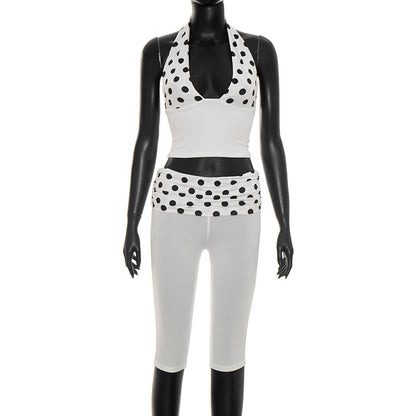 DZHT J26ST130 stitching dotted prints halter spaghetti straps pleated waist cropped pants two-piece suit