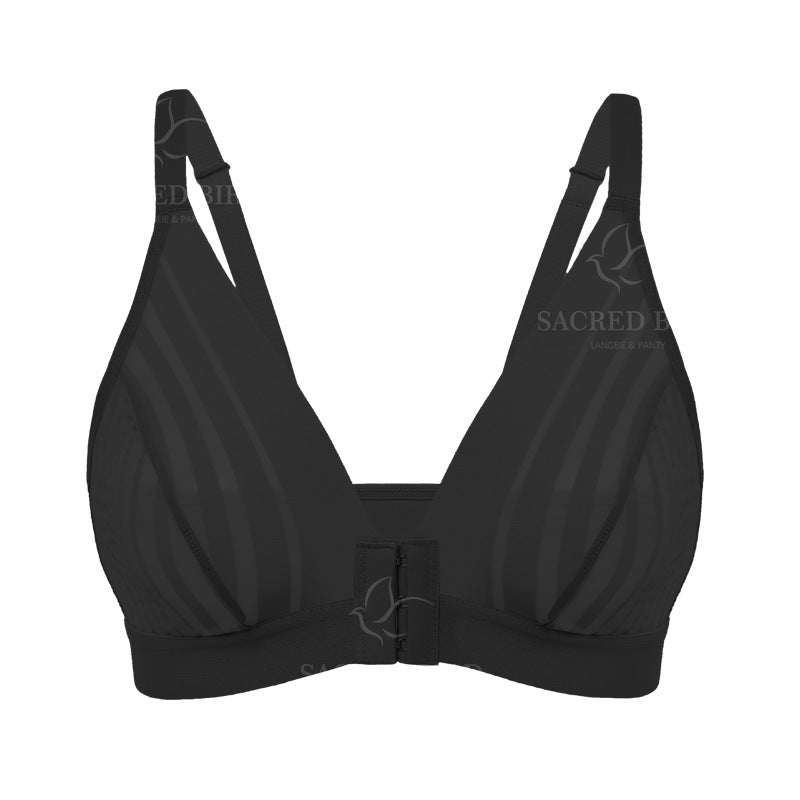 Lace stitching see-through thin sports underwear adjustable large size without steel ring front buckle breastfeeding gathering bra