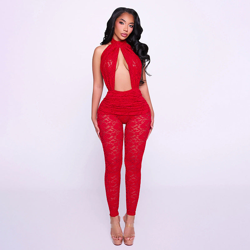 DZHT J26JP039 see-through backless hollow out lace jumpsuit