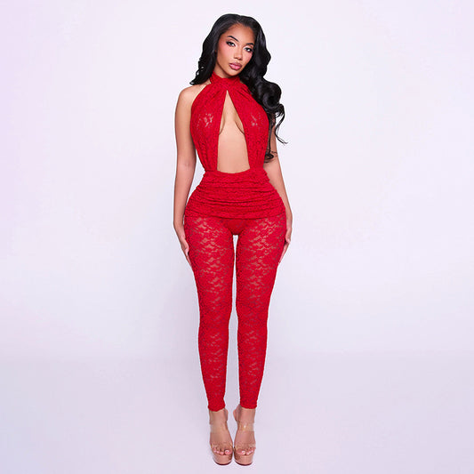 DZHT J26JP039 see-through backless hollow out lace jumpsuit