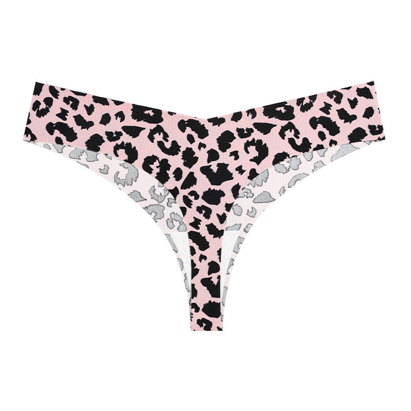 T-shaped panties low waist plus size breathable purified cotton crotch underwear seamless Ice Silk quick-drying leopard print T-back sheath