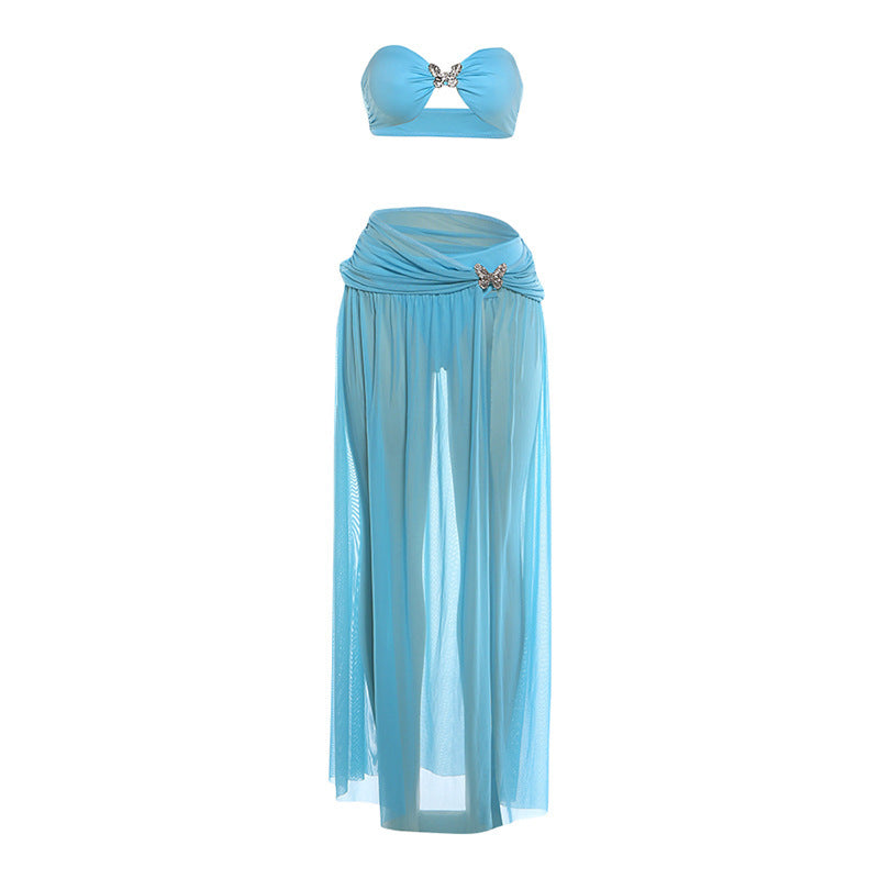 DLS bikini tube top skirt skirt swimsuit three-piece set