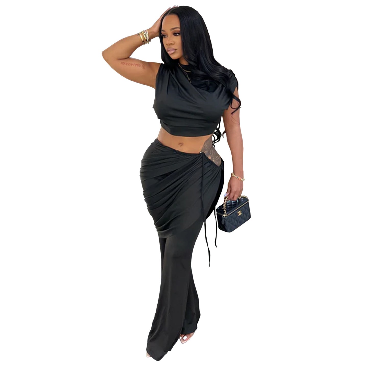 XYZ C7528 casual sleeveless midriff-baring top and trousers two-piece set