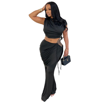 XYZ C7528 casual sleeveless midriff-baring top and trousers two-piece set