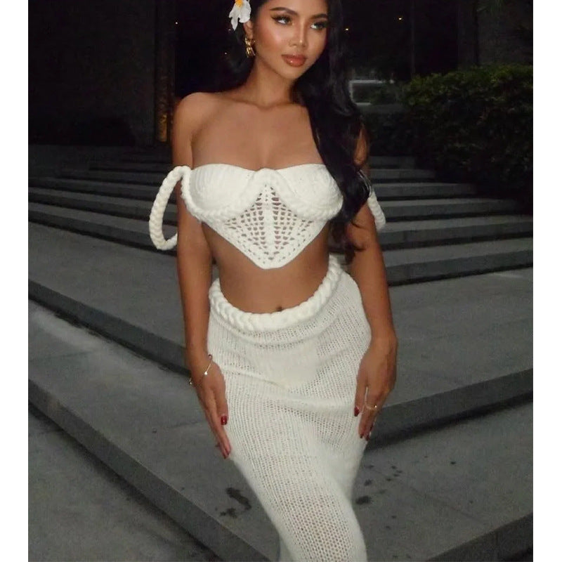 CYB spaghetti straps midriff-baring knitted top hip skirt beach skirt blouse suit