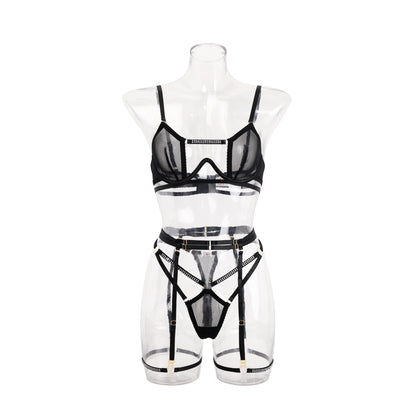 Ultra-thin see-through lace underwear women's lace-up sexy bra with steel bracket bra set