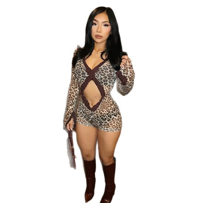 SXR 2026 spring tight navel hollow print see-through jumpsuit