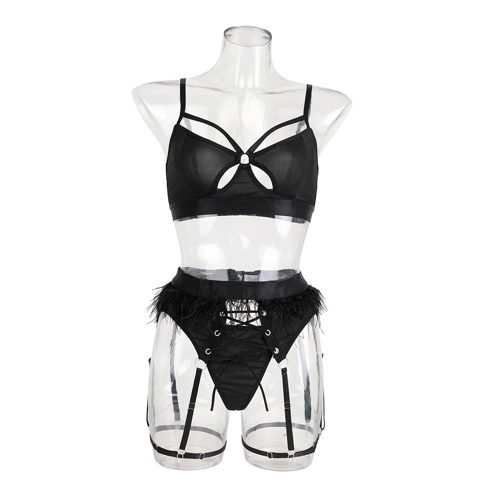 Comfortable wireless feather cross strap sexy lingerie set four-piece set