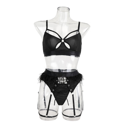 Comfortable wireless feather cross strap sexy lingerie set four-piece set