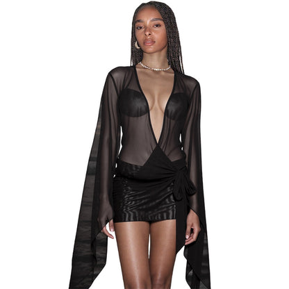 SXR spring deep V see-through backless lace up solid color sheath short skirt