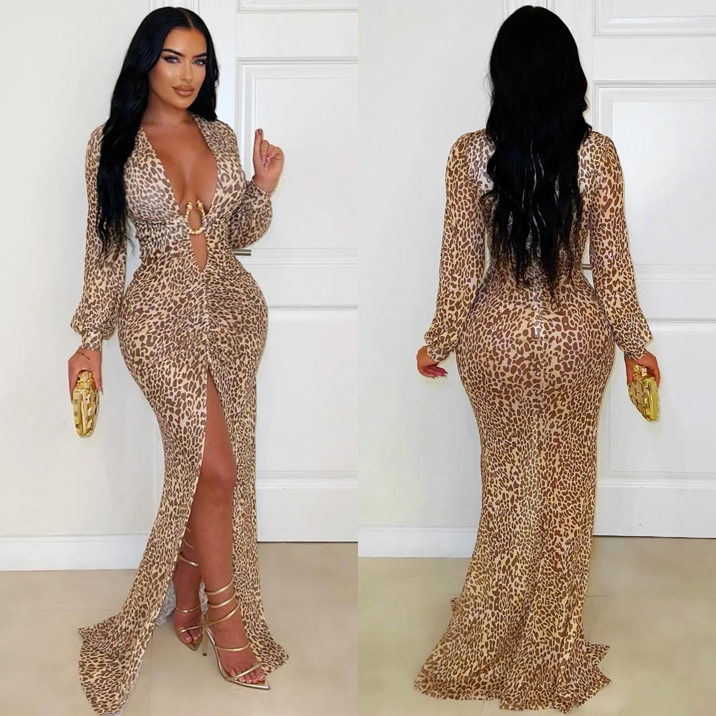 XYZ C7571 deep V leopard print split arm covering dress