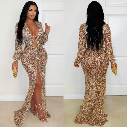 XYZ C7571 deep V leopard print split arm covering dress