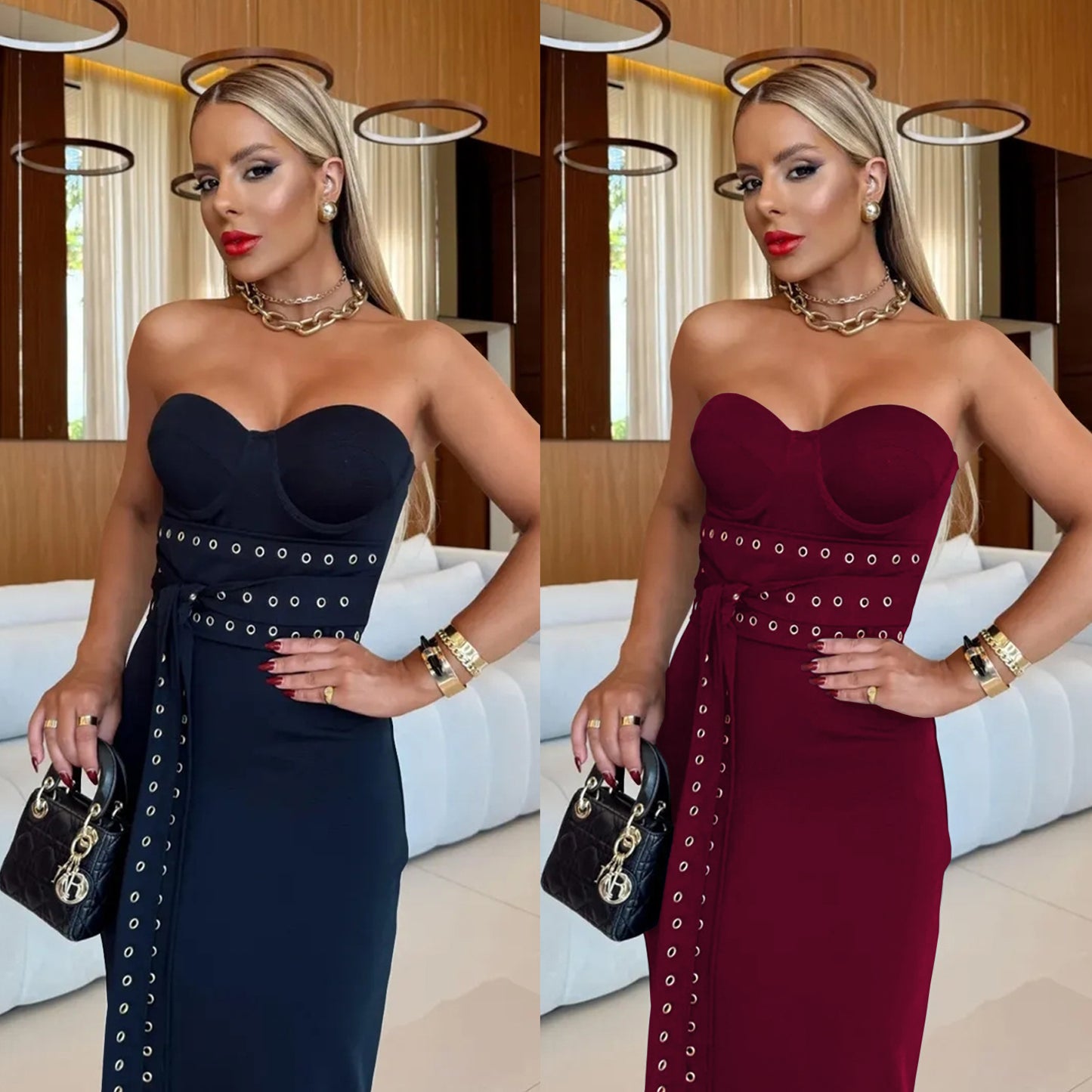XYZ C7517 strapless lace-up eyelet slim dress
