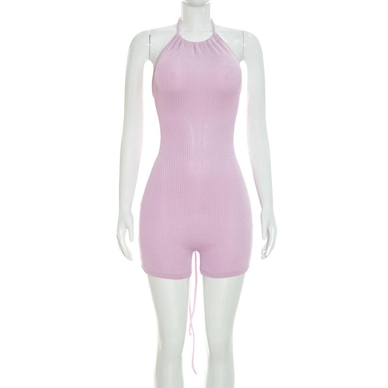 DZHT D26RP181 sunken stripe halter backless lace-up one-piece shorts