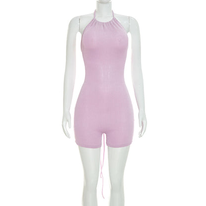 DZHT D26RP181 sunken stripe halter backless lace-up one-piece shorts