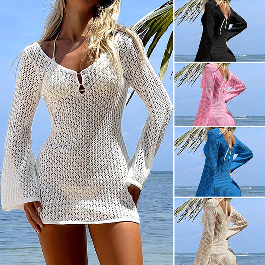 CYB V-neck round button long sleeve short dress beach sun protection backless skirt