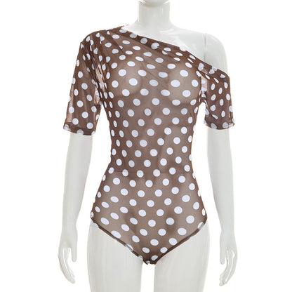 DZHT J26BS139 summer dot mesh see-through off-the-shoulder short sleeve rompers