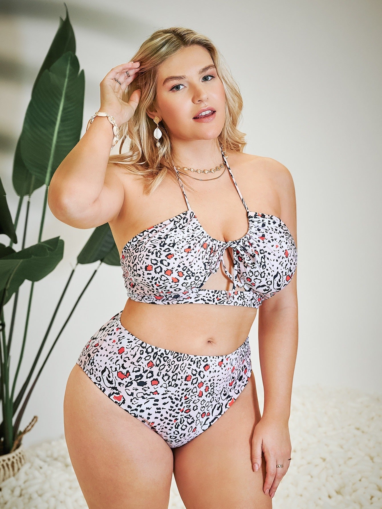 LF (L-4XL) women's split color printing swimsuit plus size