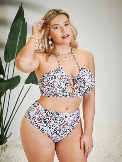 LF (L-4XL) women's split color printing swimsuit plus size