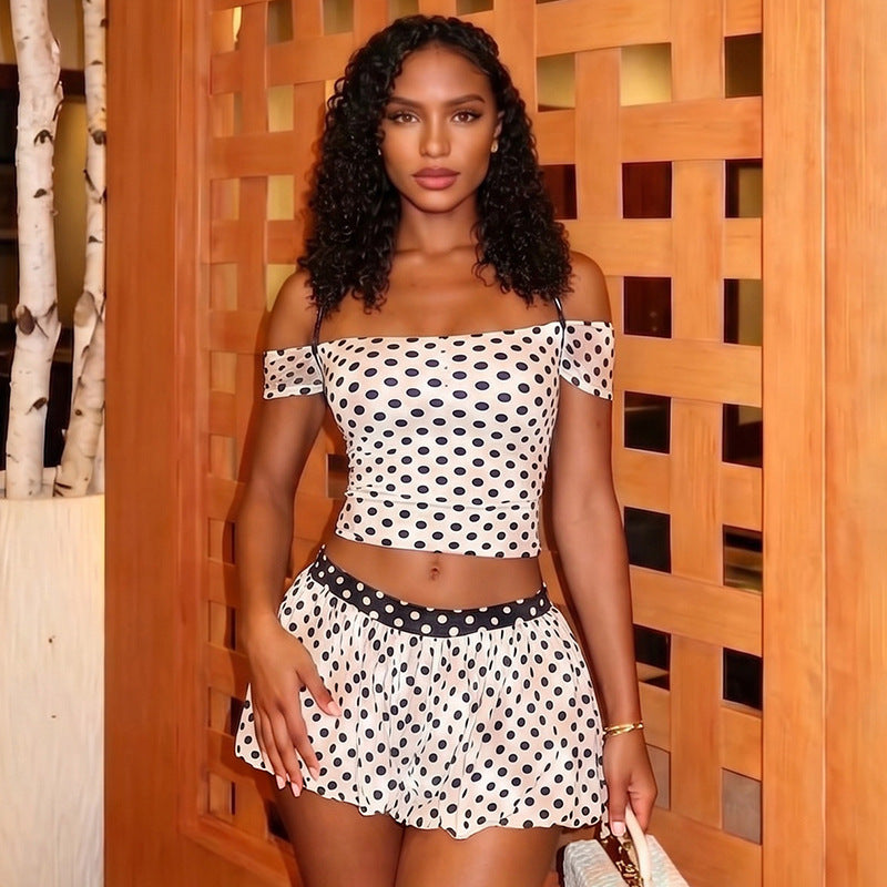 DZHT J26ST178 color matching polka dot print lace-up off-shoulder top loose shorts two-piece suit