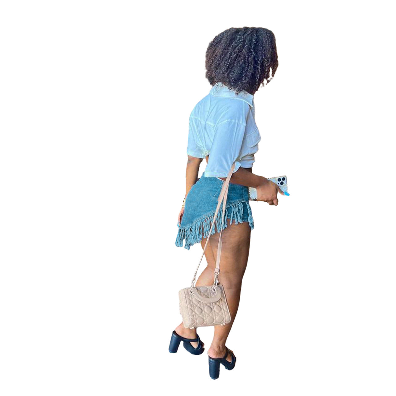 MZ (S-2XL) denim F88501 apron tassel shorts slim elastic beveled apron shorts