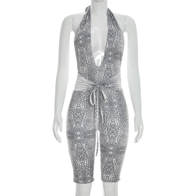 DZHT D26RP009 python print deep V halter strap bare back one-piece knee-length pants