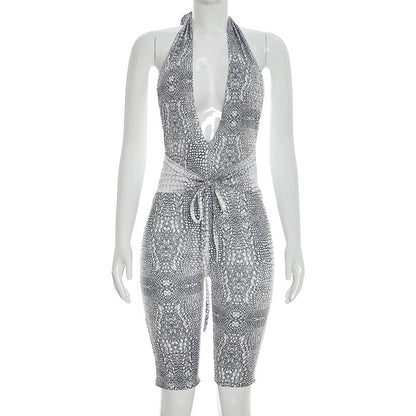 DZHT D26RP009 python print deep V halter strap bare back one-piece knee-length pants