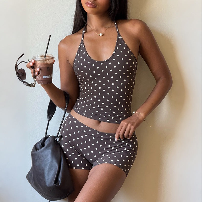 DLS summer halter backless top polka dot print low waisted shorts suit