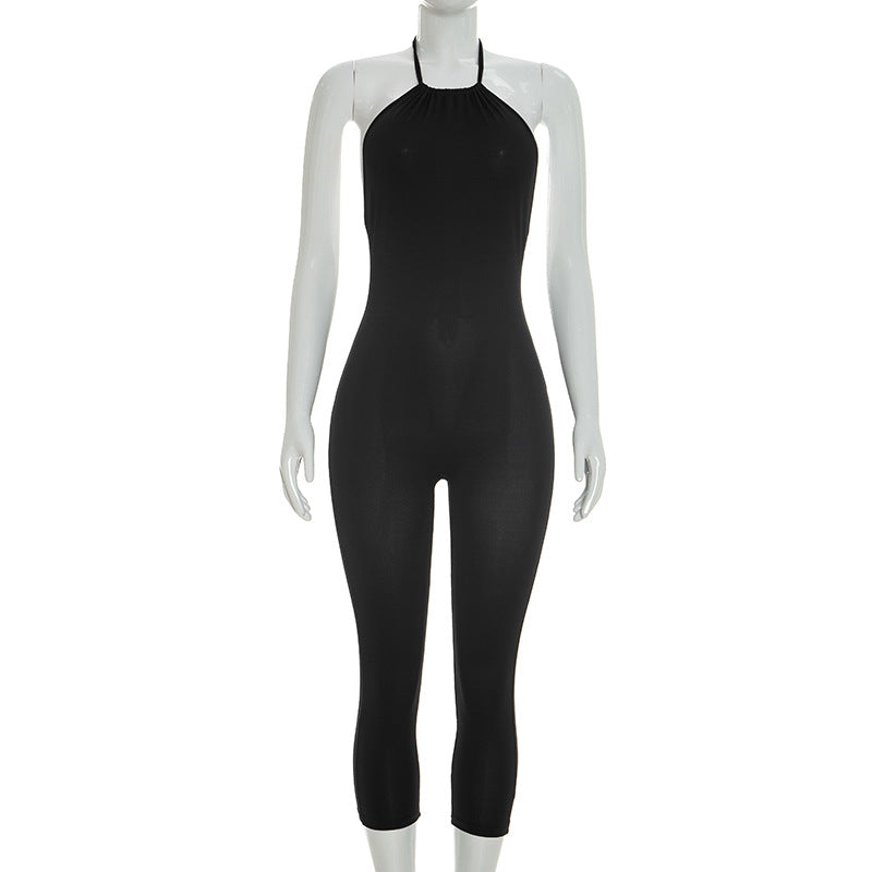 DZHT J26JP050 slim fit halter backless tied neck cropped jumpsuit