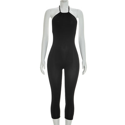 DZHT J26JP050 slim fit halter backless tied neck cropped jumpsuit