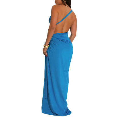 MYF (S-2XL) 20195 diagonal collar tube top split dress