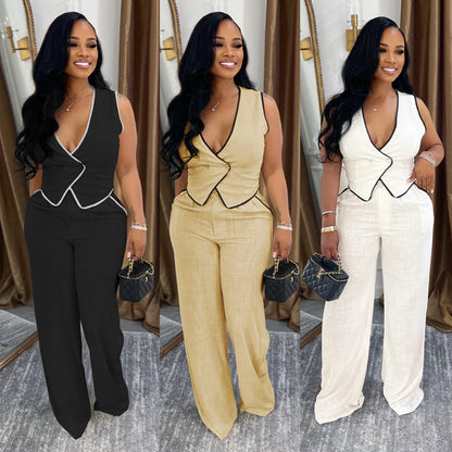 XYZ C7402 casual V-neck button top trousers two-piece set