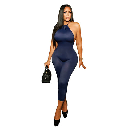 DZHT J26JP050 slim fit halter backless tied neck cropped jumpsuit