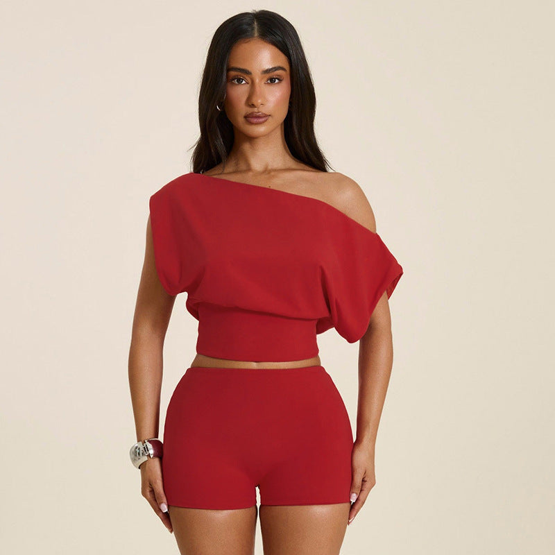 DZHT J26ST267 solid color slim fit fashion shoulder-baring short sleeve shorts suit