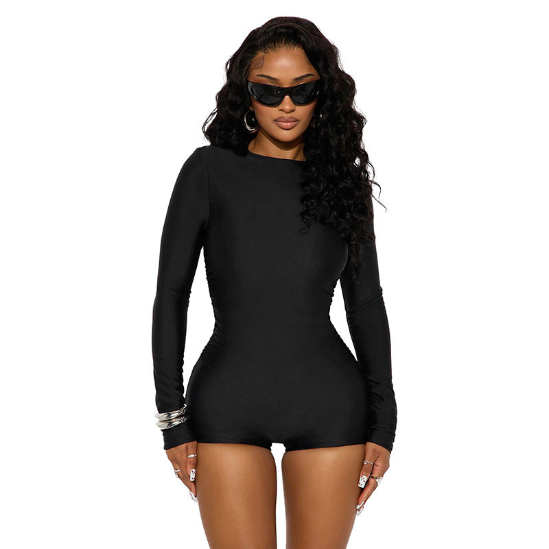 DZHT J25RP443 round neck long sleeve casual tight pure desire one-piece shorts