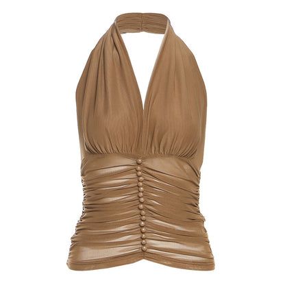 SXR summer V-neck halter camisole mesh pleats top