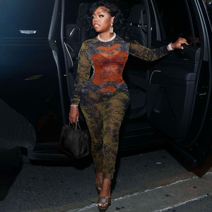 SXR summer printed mesh high waist long-sleeve zipper jumpsuit