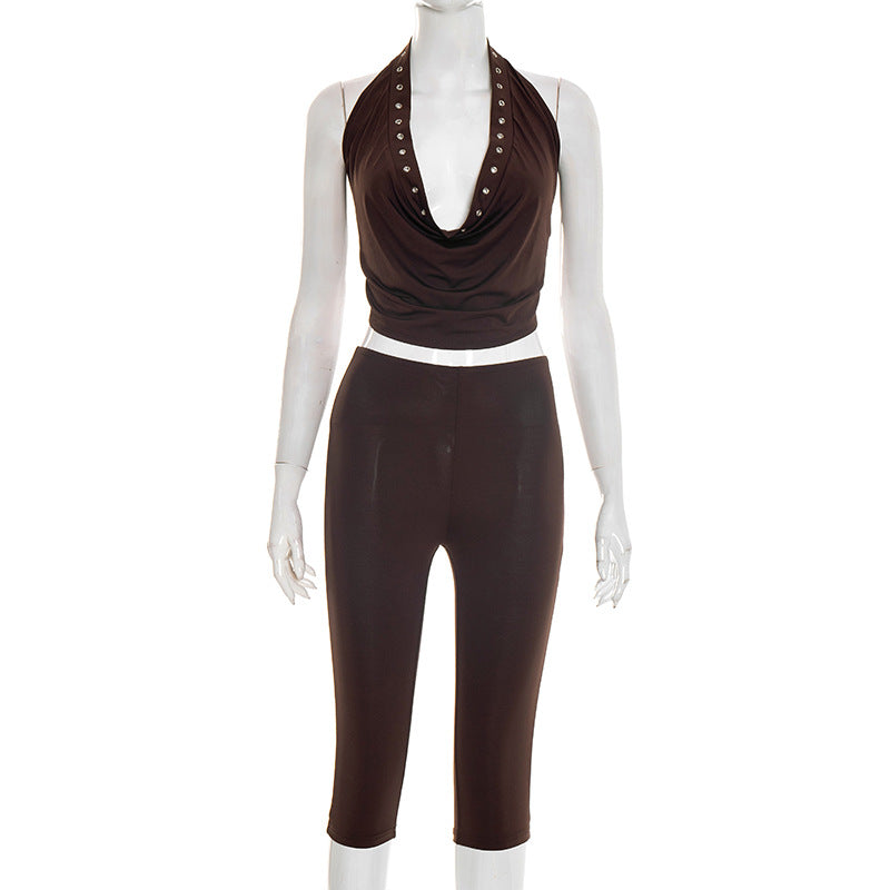 DZHT J25ST484 hollow-out decorative halter top cropped pants suit