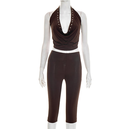 DZHT J25ST484 hollow-out decorative halter top cropped pants suit
