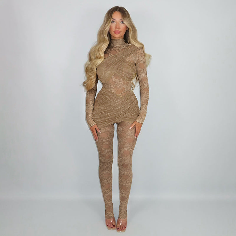 DZHT D25JP529 splicing see-through lace long sleeve tight one-piece trousers