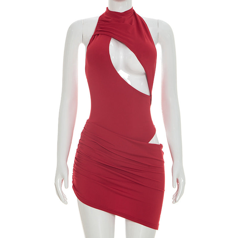 DZHT D26DS097 solid color false two-piece Cross Hollow sleeveless midriff outfit sheath jumpsuit skirt